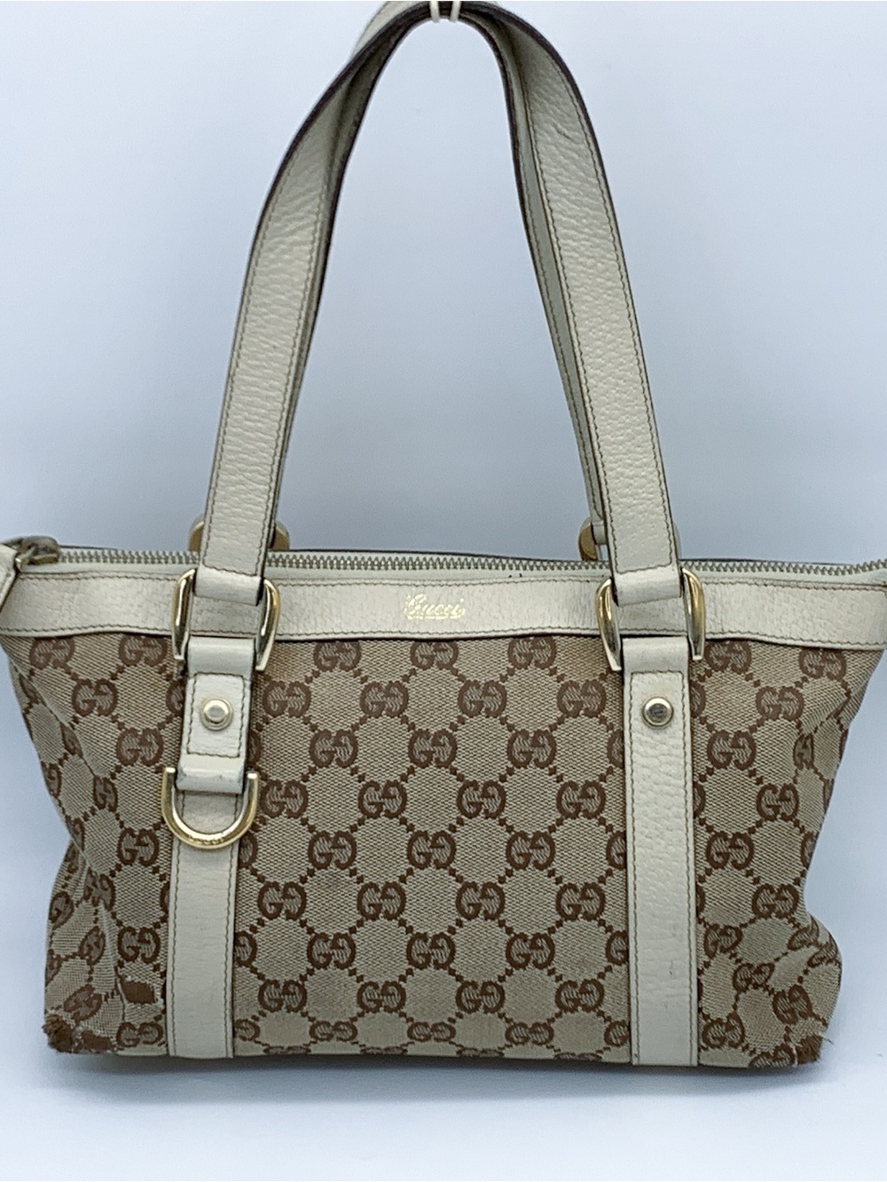 Y2K Gucci GG Canvas Abbey D-ring Tote Handbag with Cream Trim in Beige/Tan